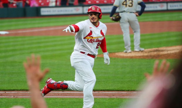 ST. LOUIS, MO - APRIL 08: Nolan Arenado #28 of the St. Louis Cardinals celebrates after hitting a t...