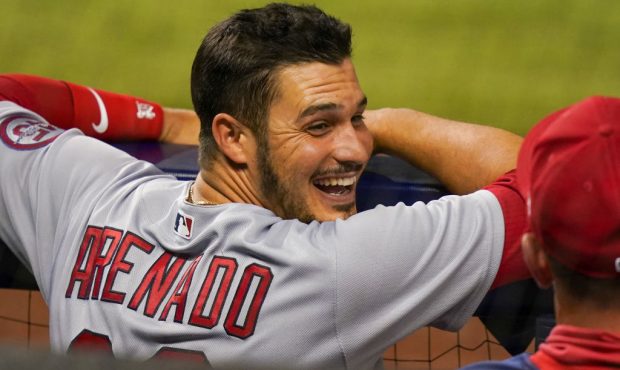 MIAMI, FL - APRIL 05: Nolan Arenado #28 of the St. Louis Cardinals smiles in the dugout during the ...