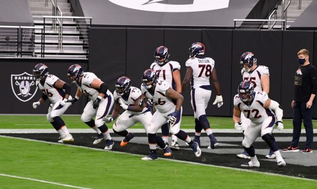 LAS VEGAS, CO - NOVEMBER 15: Denver Broncos offensive line during warmups before playing the Las Ve...