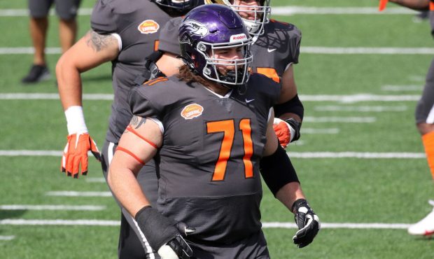 MOBILE, AL - JANUARY 30: National offensive lineman Quinn Meinerz of Wisconsin -Whitewater (71) dur...