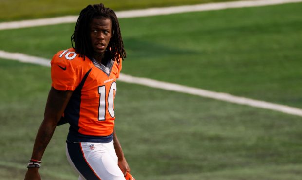 ENGLEWOOD, CO - AUGUST 21: Wide receiver Jerry Jeudy #10 of the Denver Broncos walks on the field d...