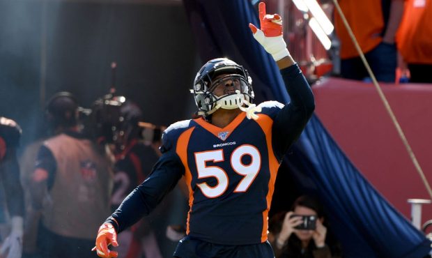 DENVER, CO - OCTOBER 13: Denver Broncos linebacker Malik Reed #59 as the Broncos take the field for...