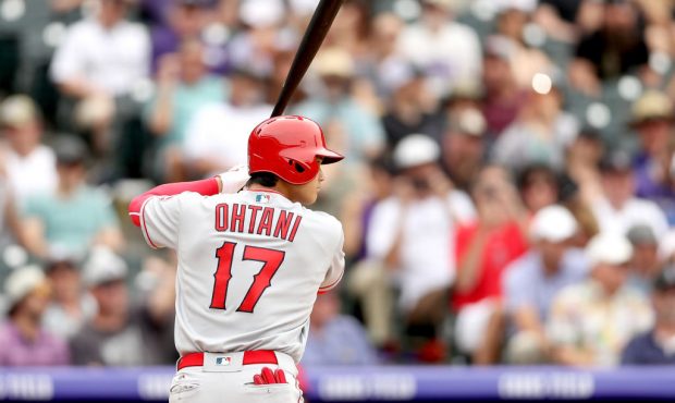 DENVER, CO - MAY 09: Shohei Ohtani #17 of the Los Angeles Angels of Anaheim bats in the seventh inn...