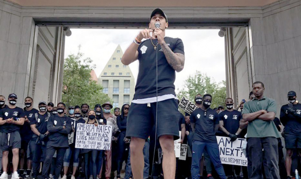 Justin Simmons addresses the crowd at Civic Center Park on Saturday, June 6 2020...