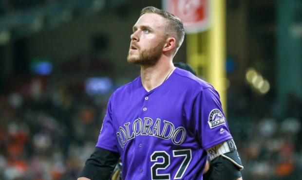 HOUSTON, TX - AUGUST 14: Colorado Rockies shortstop Trevor Story (27) reacts after striking out in ...