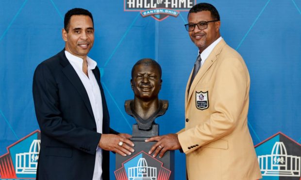 CANTON, OHIO - AUGUST 07: Steve Atwater (R), a member of the Pro Football Hall of Fame Centennial C...