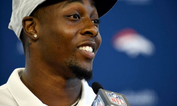 ENGLEWOOD, CO - MARCH 18: Denver Broncos running back Mike Boone answers questions after General Ma...