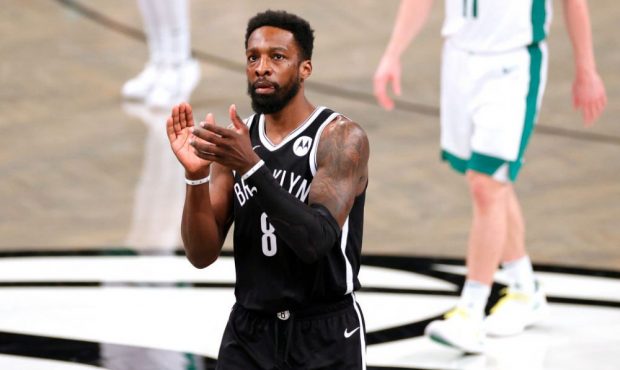 NEW YORK, NEW YORK - APRIL 23: Jeff Green #8 of the Brooklyn Nets claps toward the fans during the ...