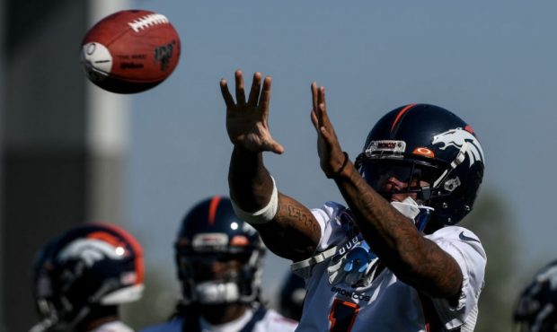 ENGLEWOOD, CO - JULY 29: K.J. Hamler (1) of the Denver Broncos catches a pass during training camp ...