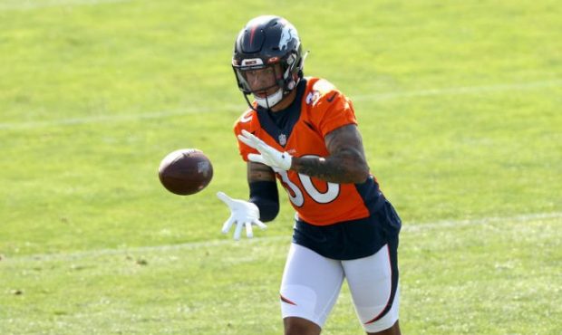 ENGLEWOOD, COLORADO - JULY 29: Caden Sterns #30 catches a pass during the Denver Broncos Training C...