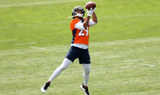 ENGLEWOOD, COLORADO - JULY 30: Bryce Callahan #29 catches a pass during the Denver Broncos Training...