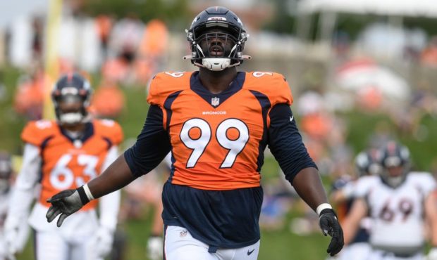 ENGLEWOOD , CO - AUGUST 3: Shamar Stephen (99) of the Denver Broncos stretches during training camp...
