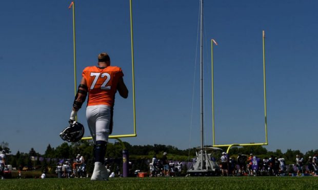 EAGAN, MN - AUGUST 11: Garett Bolles (72) of the Denver Broncos takes the field during a joint prac...