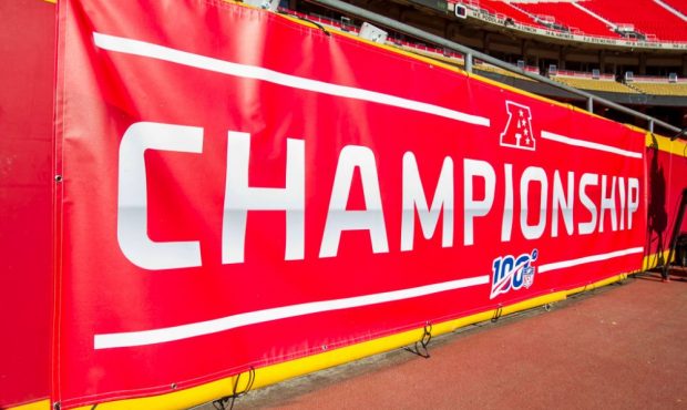 KANSAS CITY, MO - JANUARY 19: AFC Championship logo on display prior to the AFC Championship game b...