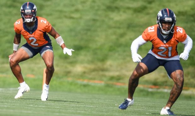 ENGLEWOOD , CO - AUGUST 2: Pat Surtain II (2) of the Denver Broncos and Ronald Darby (21) run throu...