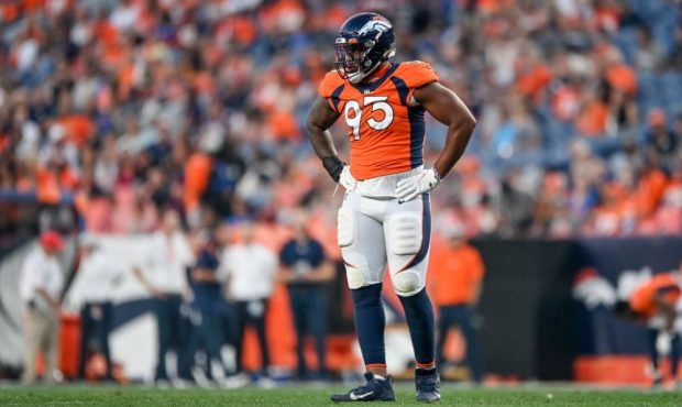 DENVER, COLORADO - AUGUST 28: Dre"u2019Mont Jones #93 of the Denver Broncos looks on during an NFL ...