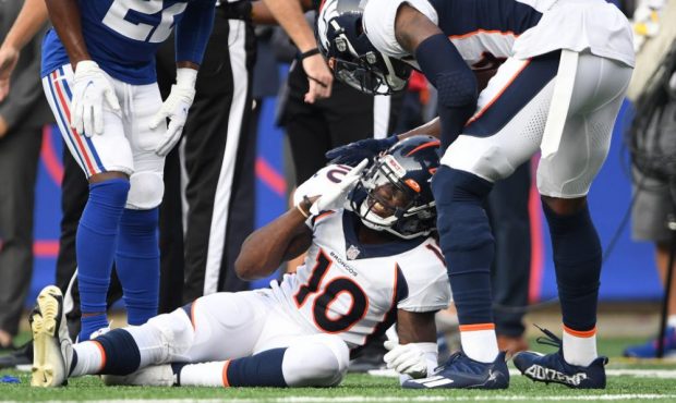 EAST RUTHERFORD, NEW JERSEY - SEPTEMBER 12: Denver Broncos wide receiver Jerry Jeudy (10) got hurt ...