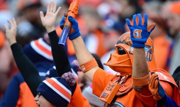 DENVER, CO - JANUARY 1: A costumed Denver Broncos fan during the second quarter of the game against...