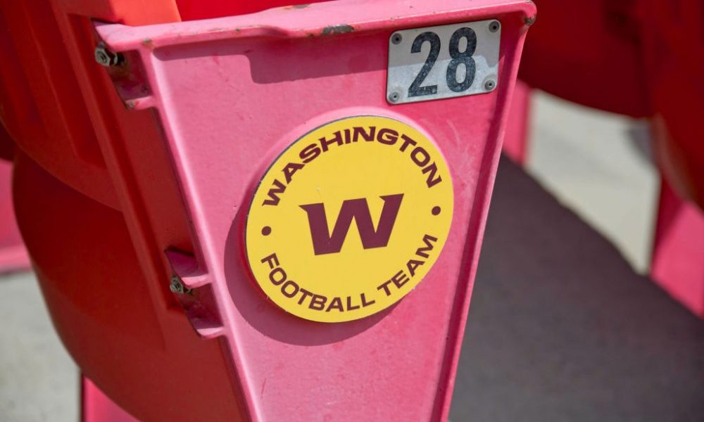 LANDOVER, MD - SEPTEMBER 13: Washington Football Team logo adorns the seats during the game between...