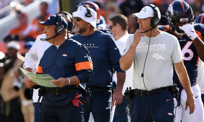 DENVER, CO - OCTOBER 13: Denver Broncos head coach Vic Fangio and defensive coordinator Ed Donatell...