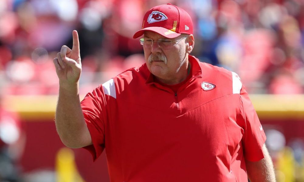 KANSAS CITY, MO - SEPTEMBER 26: Kansas City Chiefs head coach Andy Reid signals to his team before an AFC West matchup between the Los Angeles Chargers and Kansas City Chiefs on Sep 26, 2021 at GEHA Filed at Arrowhead Stadium in Kansas City, MO. (Photo by Scott Winters/Icon Sportswire via Getty Images)