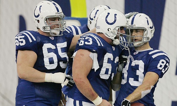 INDIANAPOLIS - DECEMBER 26: Brandon Stokley #83 of the Indianapolis Colts celebrates with teammates...