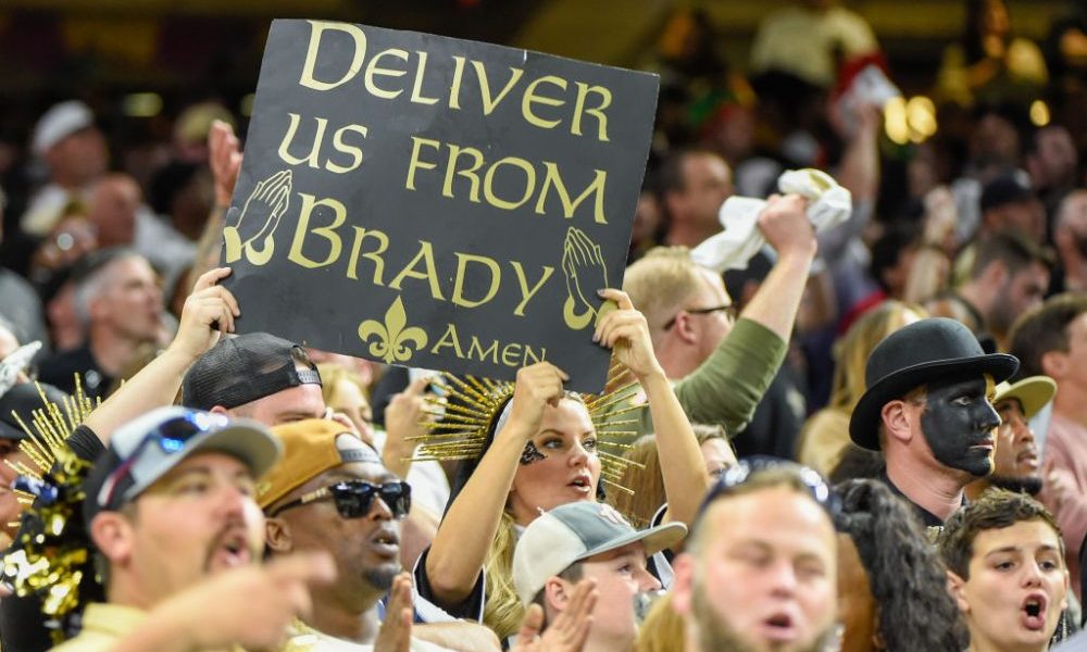 NEW ORLEANS, LA - OCTOBER 31: Saints fans hold Brady signage as time expires during the football ga...