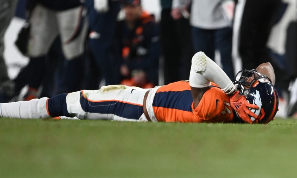 DENVER, COLORADO - DECEMBER 19: Denver Broncos wide receiver Courtland Sutton (14) is upset after m...