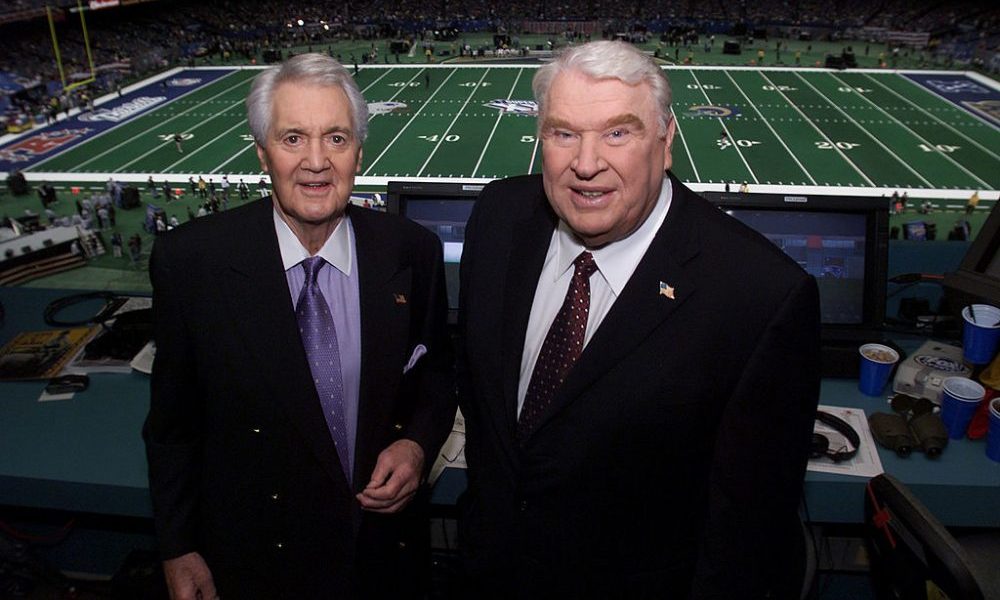 Pat Summerall (left) and John Madden in the broadcast booth together for the last time at Super Bow...