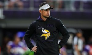 MINNEAPOLIS, MN - AUGUST 21: Offensive coordinator Klint Kubiak of the Minnesota Vikings looks on before the start of a preseason game against the Indianapolis Colts at U.S. Bank Stadium on August 21, 2021 in Minneapolis, Minnesota. (Photo by David Berding/Getty Images)