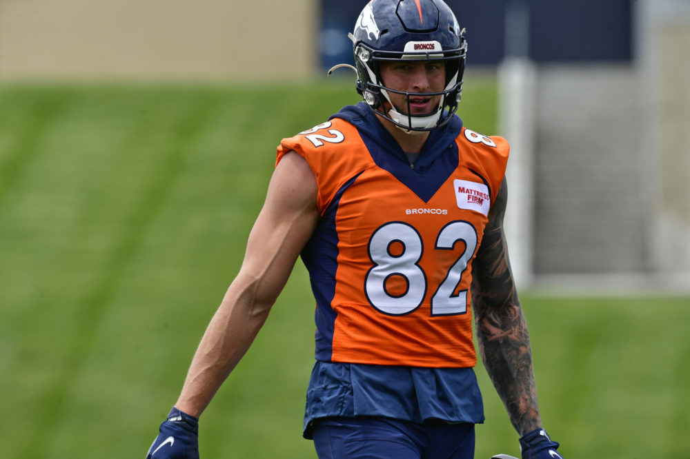 ENGLEWOOD, CO - MAY 23: Denver Broncos tight end Eric Saubert (82) does works out in an early seaso...