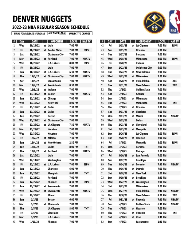 Denver Nuggets Announce 2022 Preseason Schedule