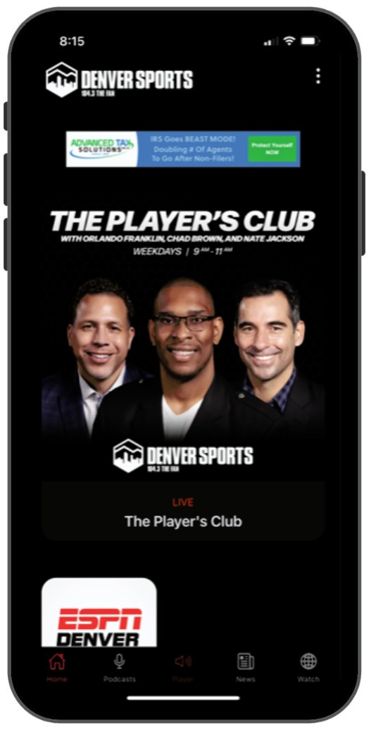 A screenshot of the Denver Sports 104.3 The Fan App Home Screen