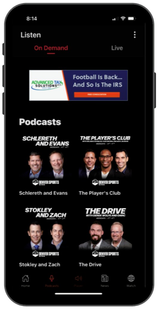 A screenshot of the Denver Sports 104.3 The Fan App Podcast Screen