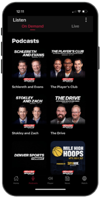 A screenshot of the Denver Sports 104.3 The Fan App Podcast Screen