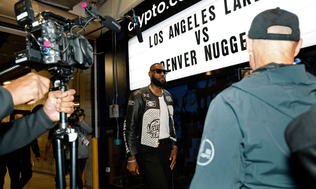 LeBron James #23 of the Los Angeles Lakers arrives for a game against the Denver Nuggets...