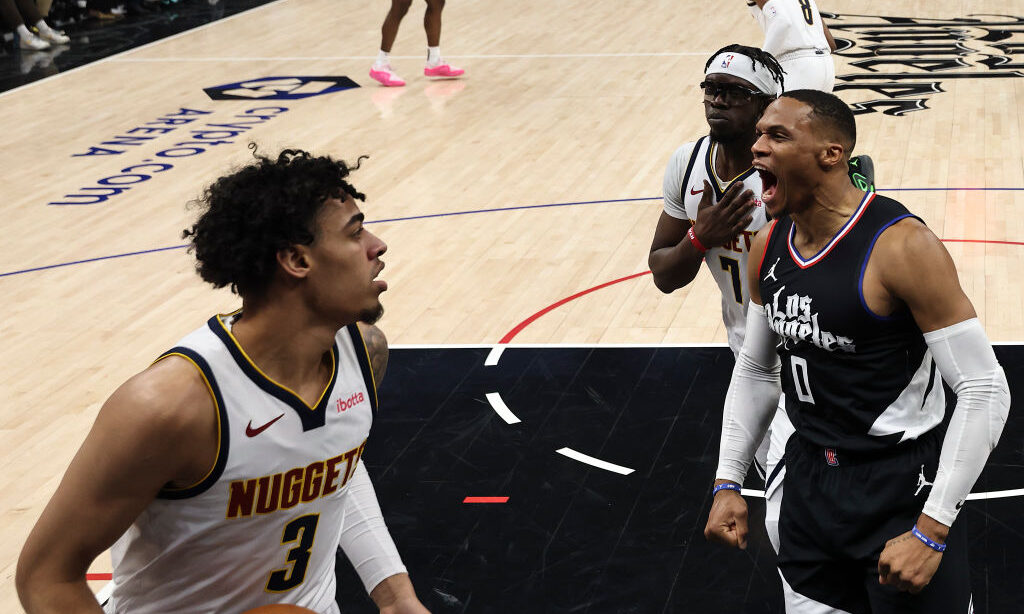 Russell Westbrook #0 of the LA Clippers celebrates after scoring against the Denver Nuggets...