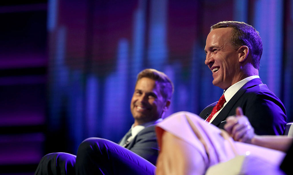 Honoree Rob Lowe (L) and retired NFL player Peyton Manning appear onstage at a Comedy Central Roast...