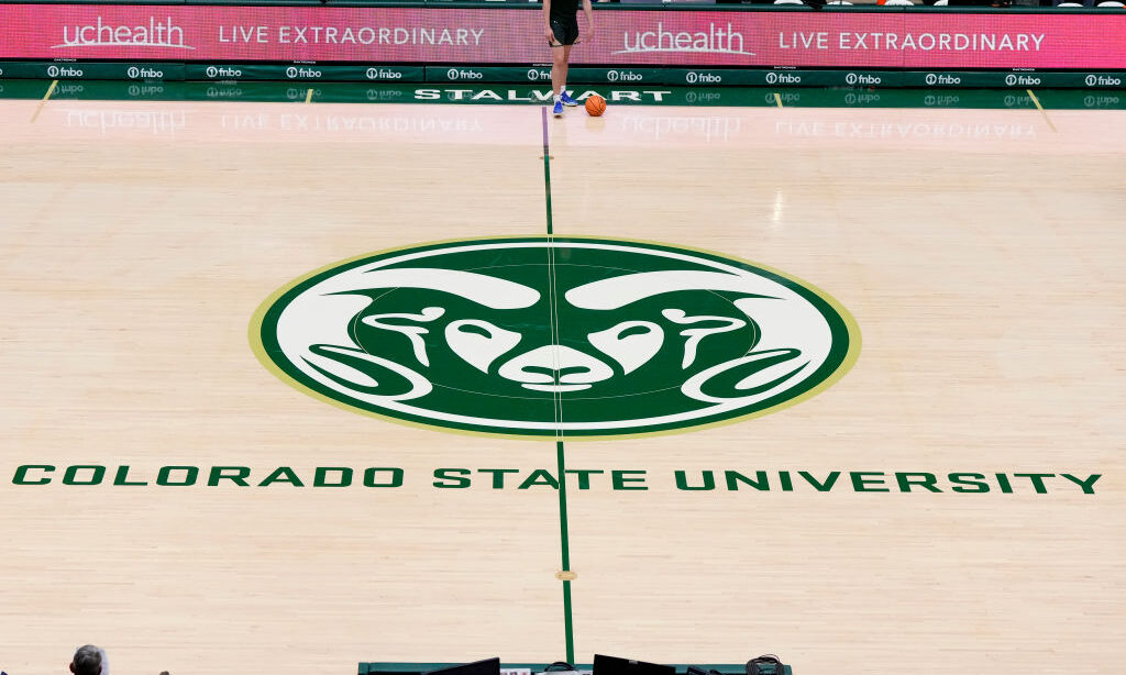 FT. COLLINS, CO - JANUARY 30: The Colorado State Rams logo on the floor a college basketball game...