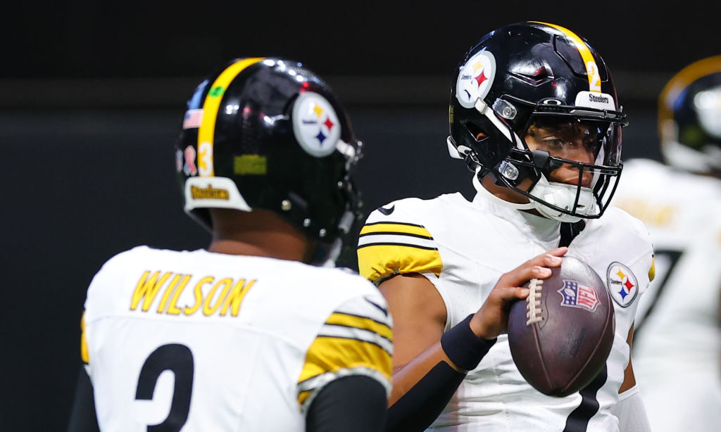 Justin Fields #2 and Russell Wilson #3 of the Pittsburgh Steelers...