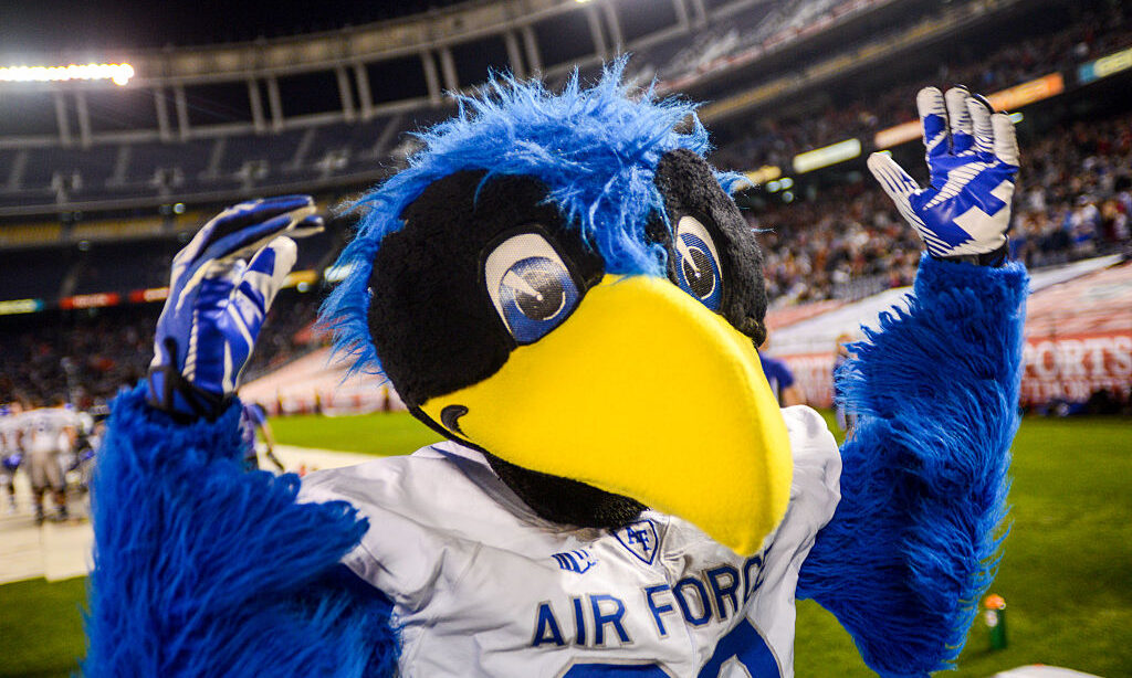 SAN DIEGO, CA - DECEMBER 05: The Bird mascot of the Air Force Falcons reacts to an opponents score ...