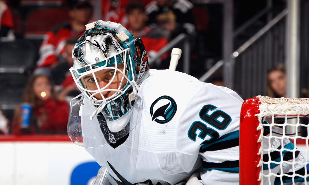 NEWARK, NEW JERSEY - OCTOBER 22: Kaapo Kahkonen #36 of the San Jose Sharks tends net against the Ne...