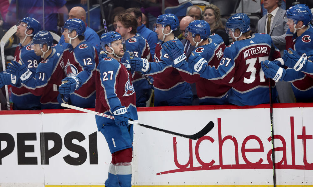 Jonathan Drouin #27 of the Colorado Avalanche celebrates...