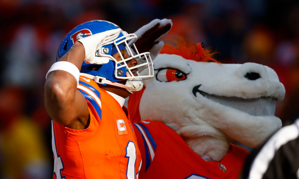 Courtland Sutton #14 of the Denver Broncos celebrates after scoring a touchdown in the first quarte...