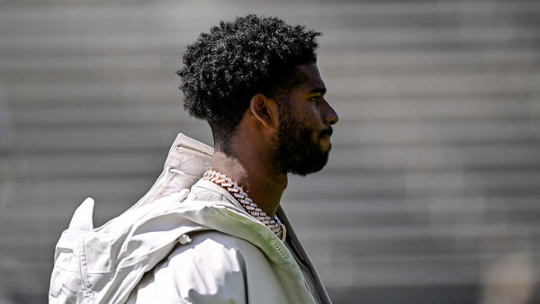 BOULDER, CO - APRIL 19: Former Colorado Buffaloes quarterback Shedeur Sanders looks on before the Black and Gold Spring Game at Folsom Field on April 19, 2025 in Boulder, Colorado.