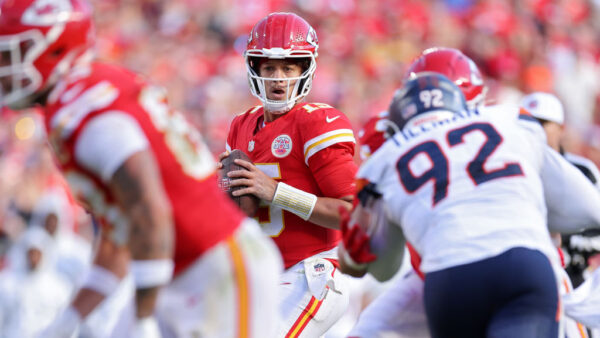 KANSAS CITY, MISSOURI - NOVEMBER 10: Patrick Mahomes #15 of the Kansas City Chiefs looks to pass in the fourth quarter of a game against the Denver Broncos at GEHA Field at Arrowhead Stadium on November 10, 2024 in Kansas City, Missouri.