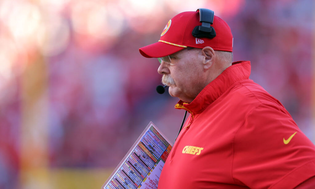 KANSAS CITY, MISSOURI - NOVEMBER 10: Head Coach Andy Reid of the Kansas City Chiefs watches from th...