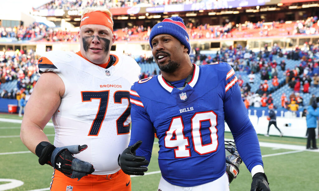 ORCHARD PARK, NEW YORK - JANUARY 12: Garett Bolles #72 of the Denver Broncos and Von Miller #40 of ...