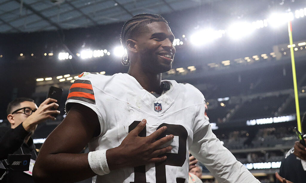 LAS VEGAS, NEVADA - NOVEMBER 23: Shedeur Sanders #12 of the Cleveland Browns walks off the field af...