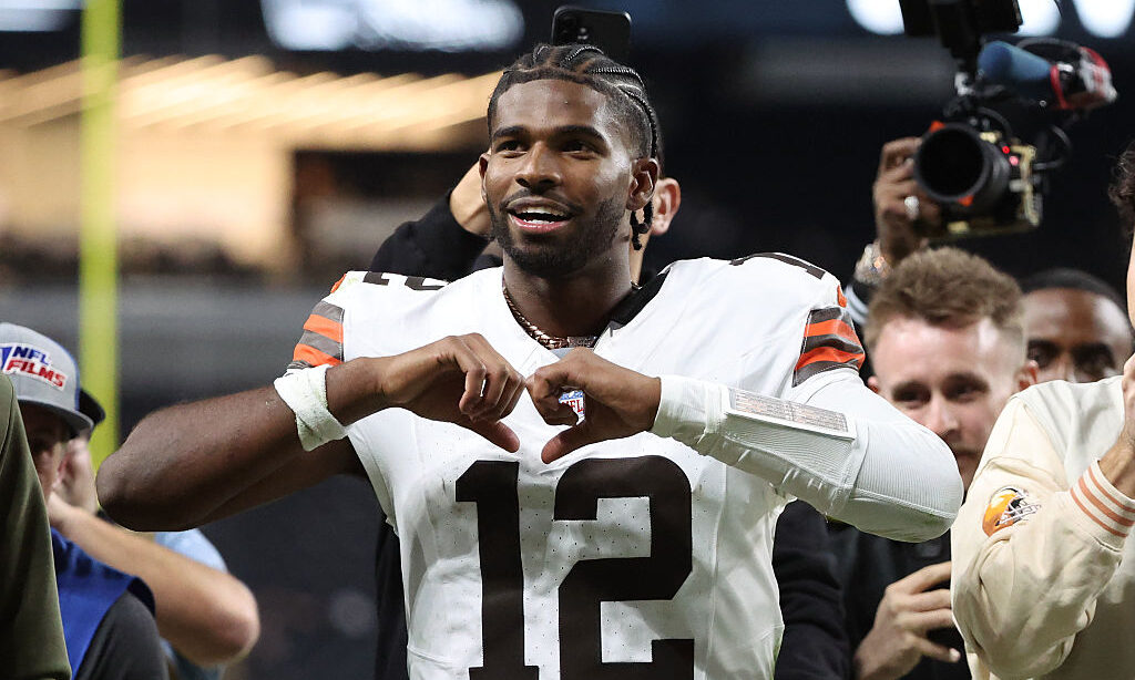 LAS VEGAS, NEVADA - NOVEMBER 23: Shedeur Sanders #12 of the Cleveland Browns walks off the field af...